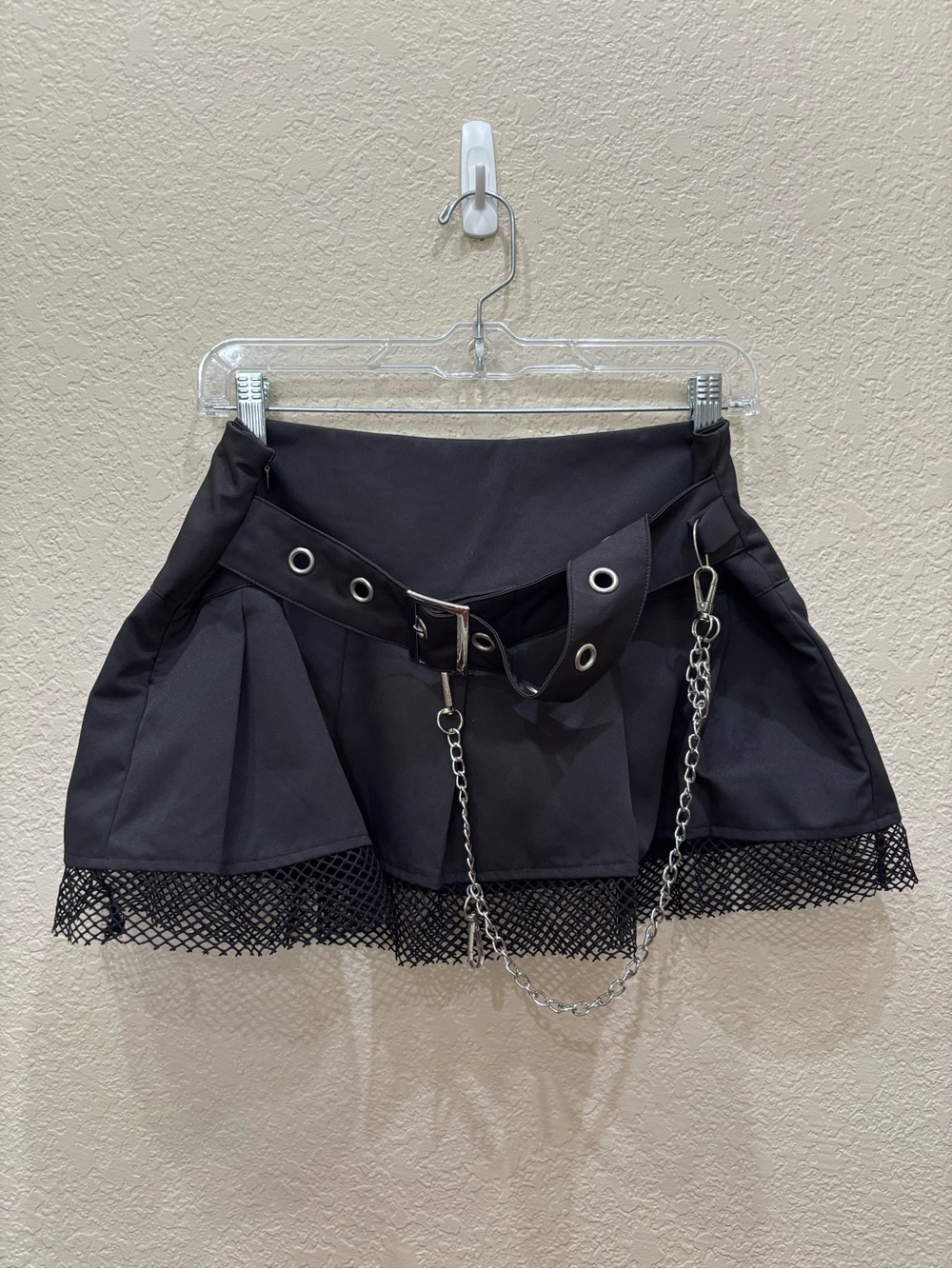 Goth Pleated Mini Skirt W/ Fishnet Trim Punk Black Medium Rave Festival Y2K